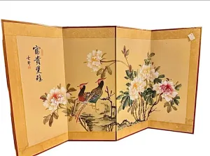 F&F Chinese Byobu Peonies and Pheasants Paint on Silk