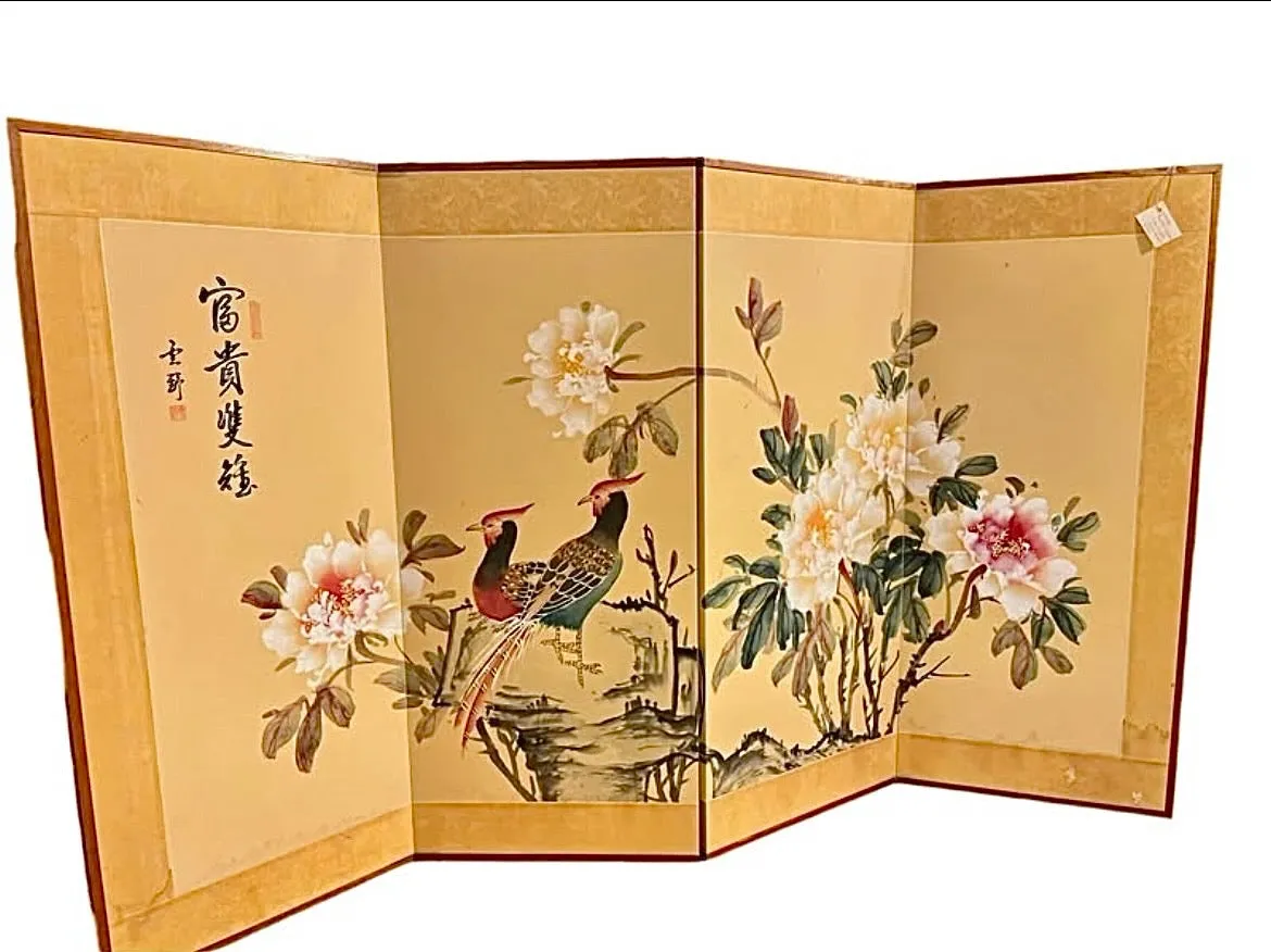 F&F Chinese Byobu Peonies and Pheasants Paint on Silk