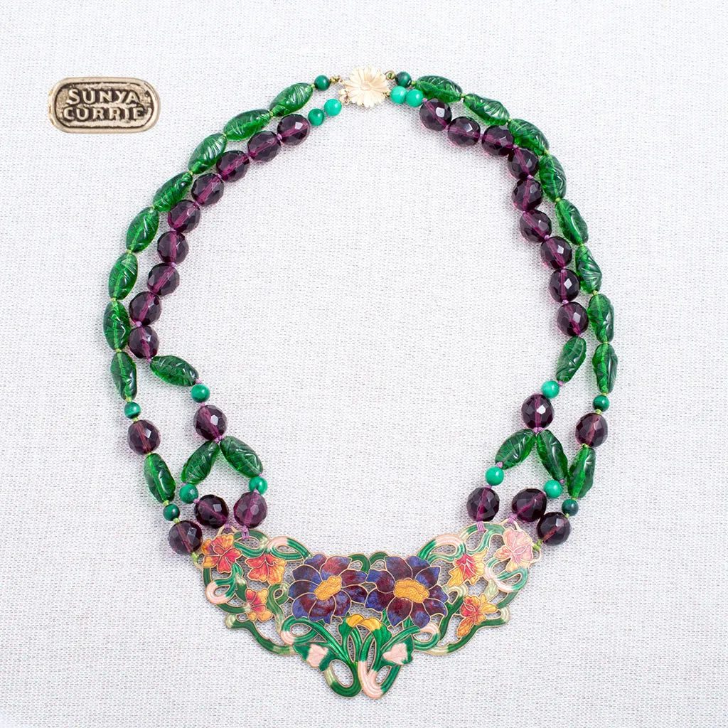 Flower Enamel and Vintage Glass Necklace