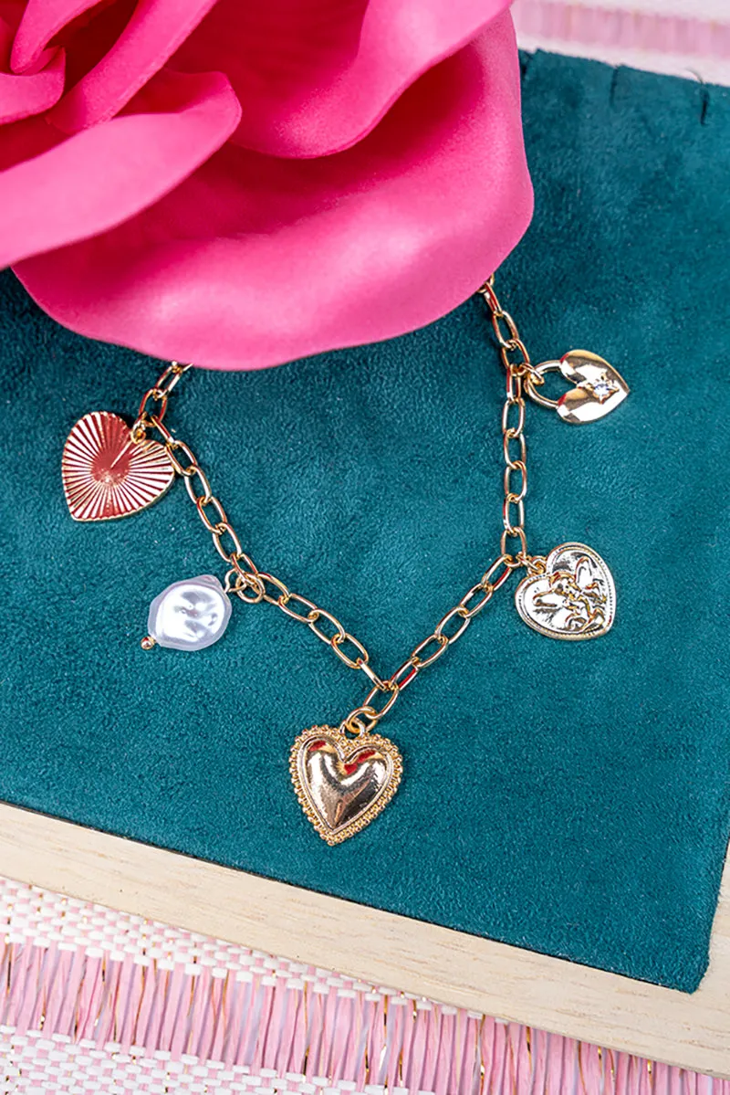 Follow Your Heart Pearl Goldtone Charm Bracelet