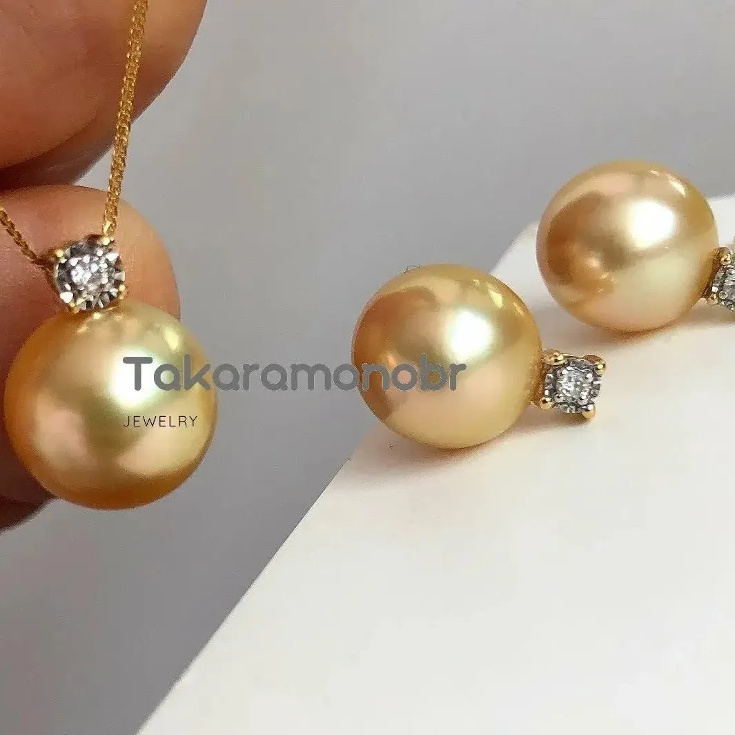 Forever Elegant 10.0-11.0 mm Golden South Sea Pearl & Diamond Earrings/Pendant in Gold