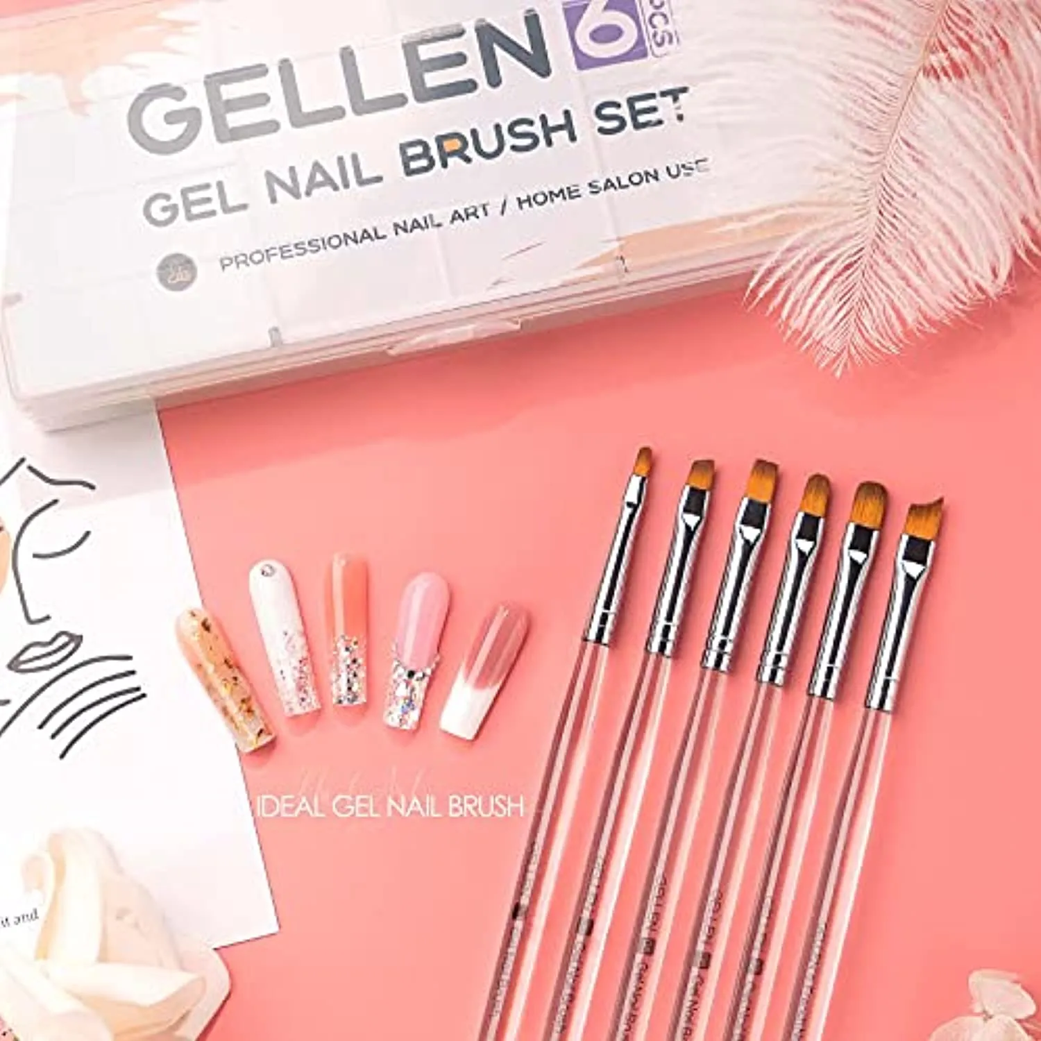 Gellen 6Pcs Gel Nail Brush Set, Nail Art Design Brushes for Color, UV Builder Gel Brush, Poly Extension Gel Brush, Nail Art Painting Tools , For Salon at Home DIY Manicure