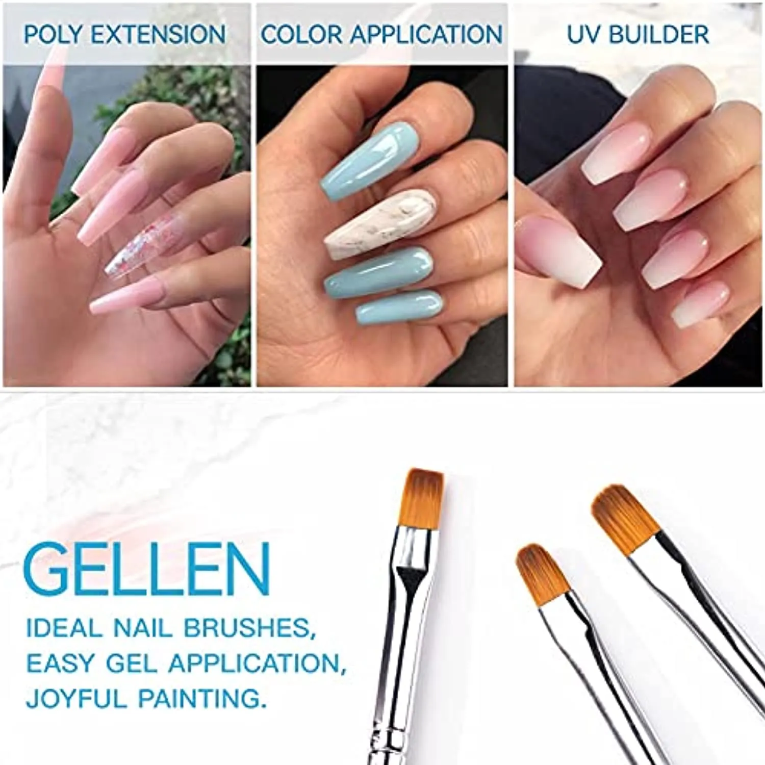 Gellen 6Pcs Gel Nail Brush Set, Nail Art Design Brushes for Color, UV Builder Gel Brush, Poly Extension Gel Brush, Nail Art Painting Tools , For Salon at Home DIY Manicure