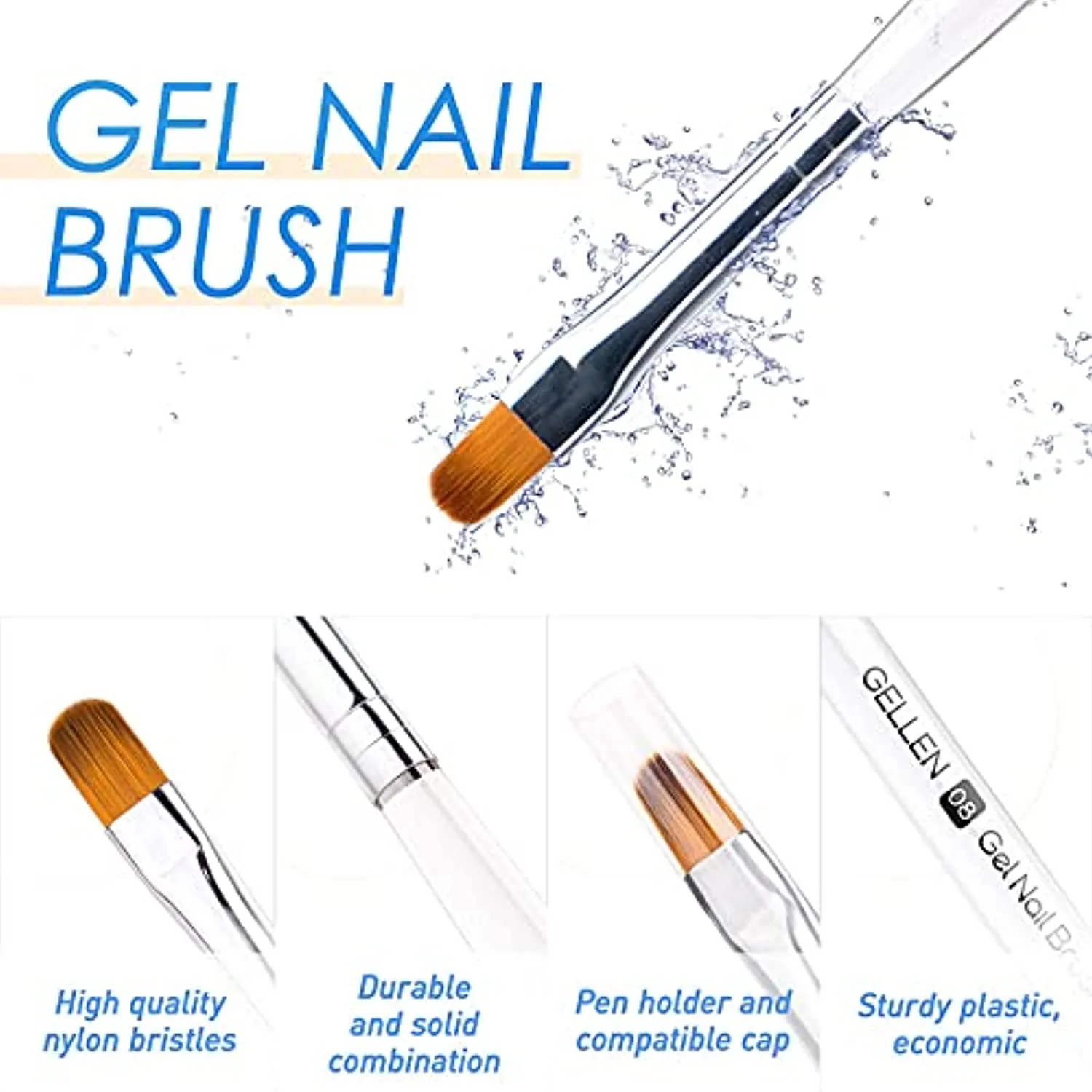 Gellen 6Pcs Gel Nail Brush Set, Nail Art Design Brushes for Color, UV Builder Gel Brush, Poly Extension Gel Brush, Nail Art Painting Tools , For Salon at Home DIY Manicure