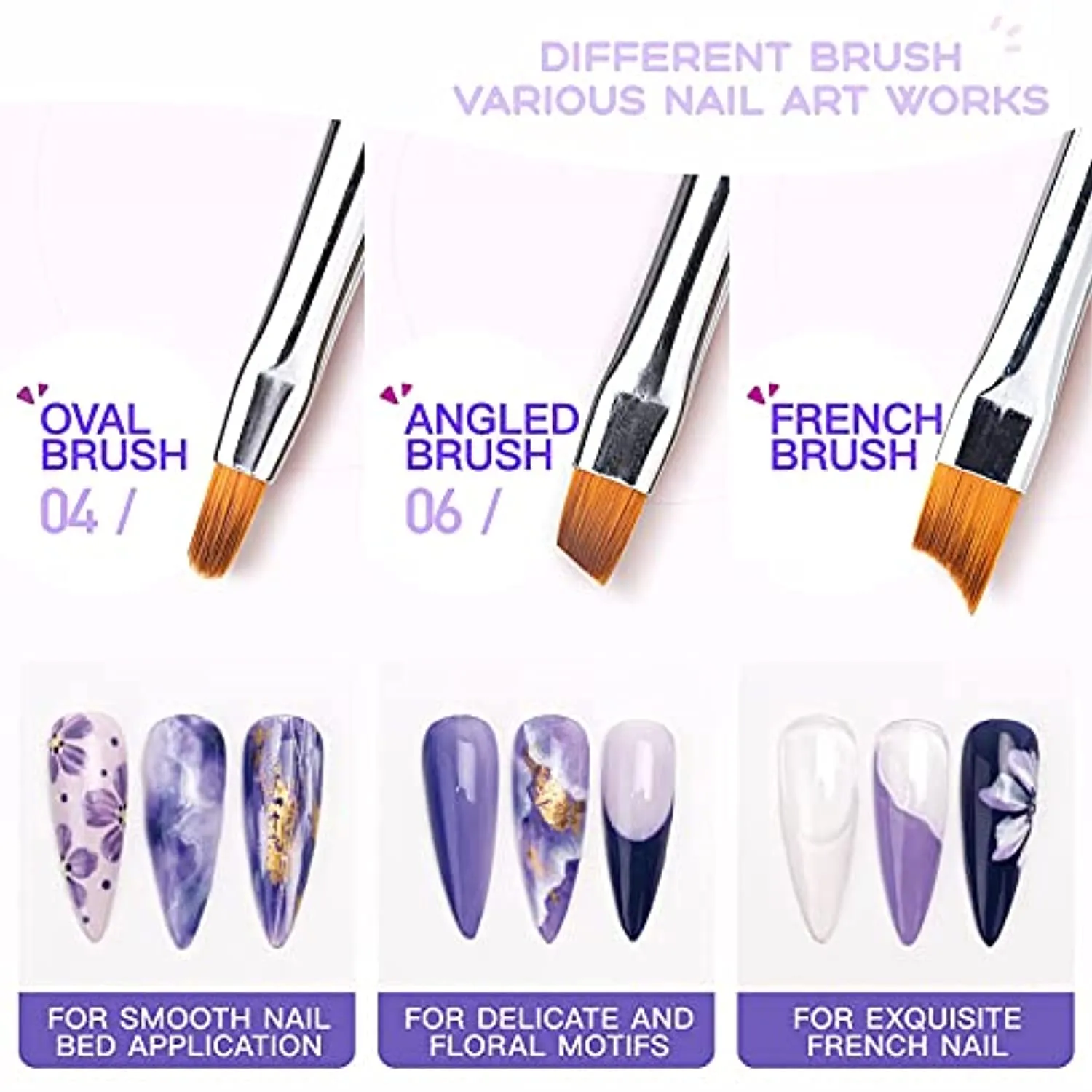 Gellen 6Pcs Gel Nail Brush Set, Nail Art Design Brushes for Color, UV Builder Gel Brush, Poly Extension Gel Brush, Nail Art Painting Tools , For Salon at Home DIY Manicure