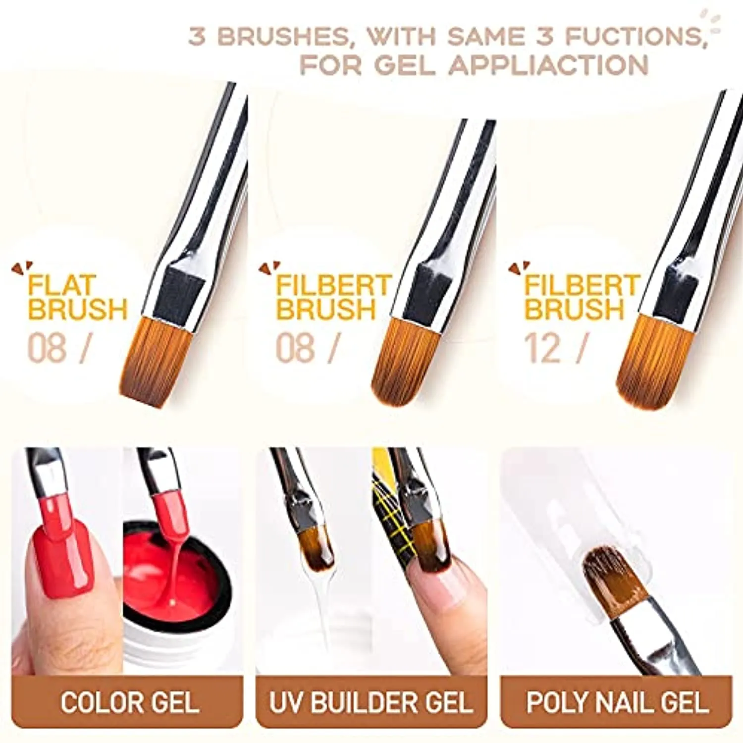 Gellen 6Pcs Gel Nail Brush Set, Nail Art Design Brushes for Color, UV Builder Gel Brush, Poly Extension Gel Brush, Nail Art Painting Tools , For Salon at Home DIY Manicure