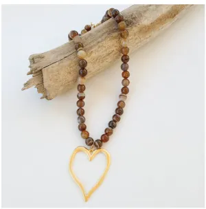 Gemstone Beaded Necklace w/ / XL Heart - Espresso
