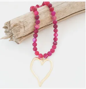 Gemstone Beaded Necklace w/ / XL Heart - Fushcia Marble