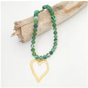 Gemstone Beaded Necklace w/ / XL Heart - Green Marble