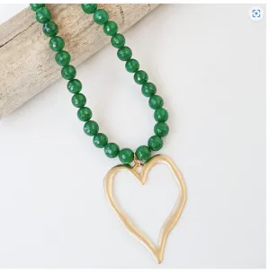 Gemstone Beaded Necklace w/ / XL Heart - Kelly