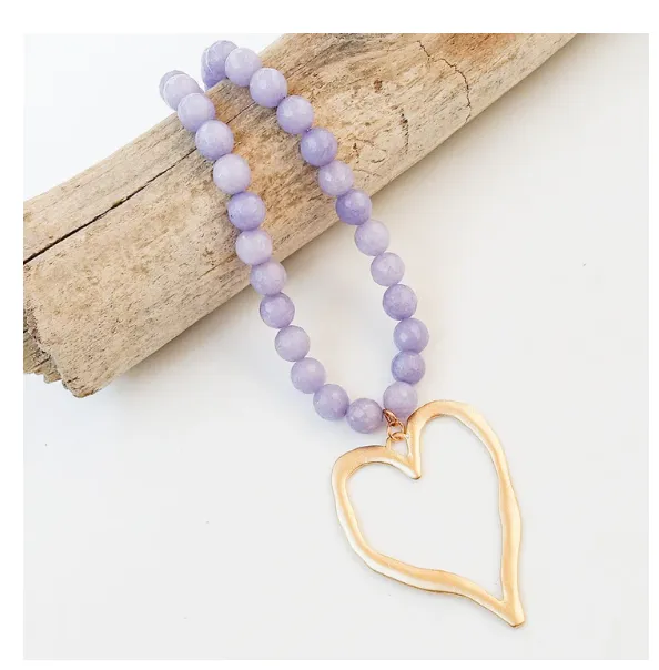 Gemstone Beaded Necklace w/ / XL Heart - Lavender