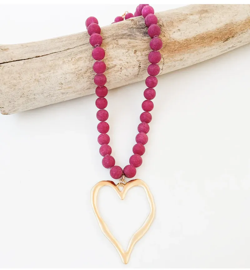 Gemstone Beaded Necklace w/ / XL Heart - Matte Cranberry