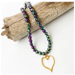 Gemstone Beaded Necklace w/ / XL Heart - Mermaid Hematite