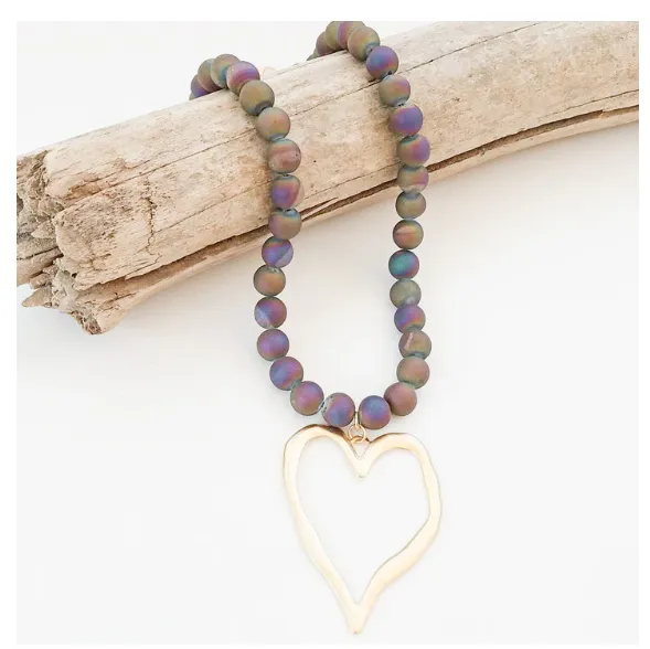 Gemstone Beaded Necklace w/ / XL Heart - Rainbow Druzy