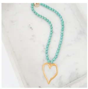 Gemstone Beaded Necklace w/ / XL Heart - Turquoise
