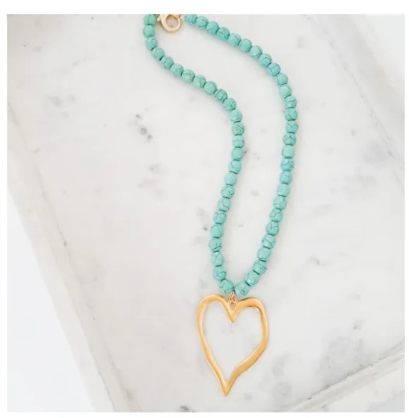 Gemstone Beaded Necklace w/ / XL Heart - Turquoise
