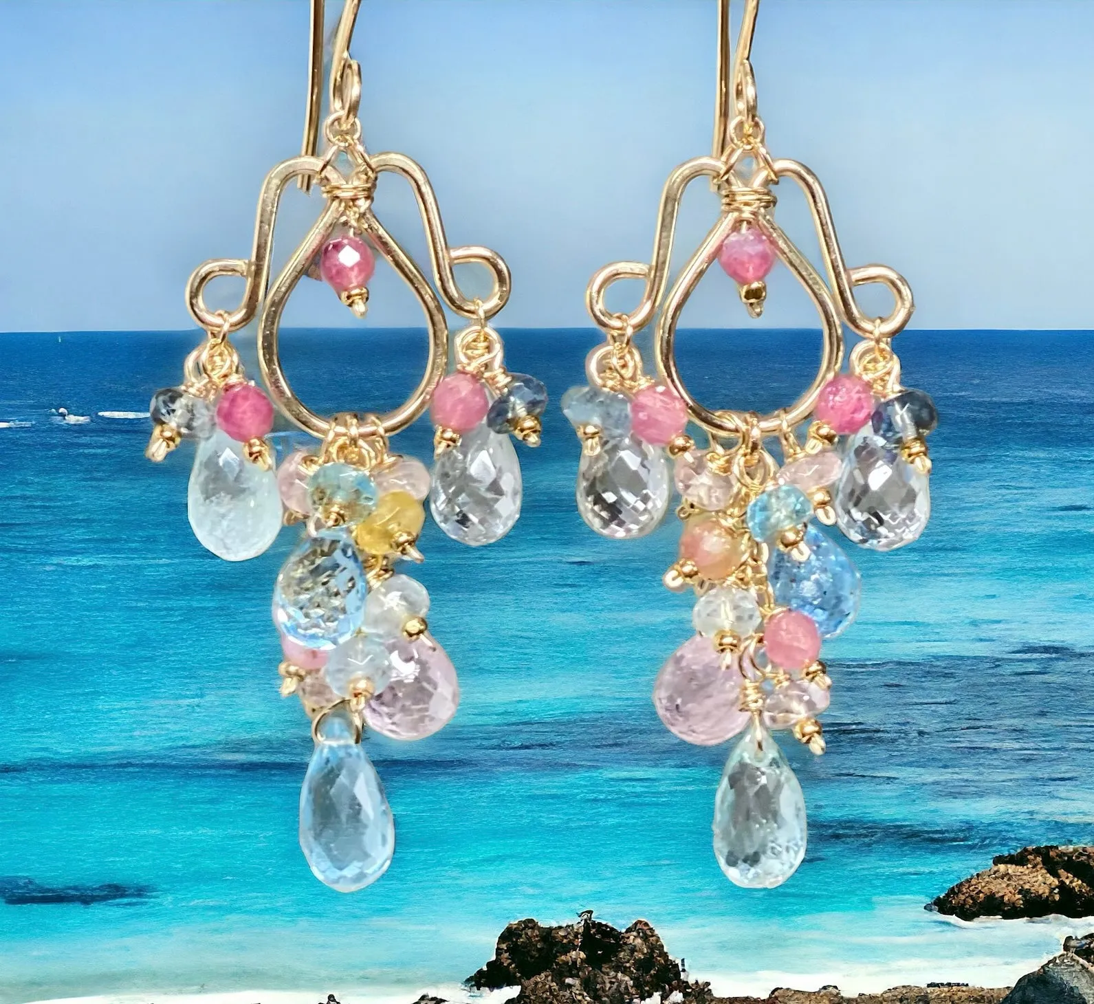 Gemstone Dangle Chandelier Earrings with Aquamarine in Gold Fill