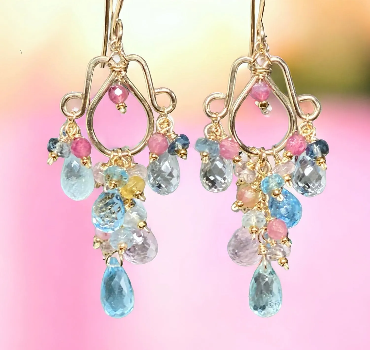 Gemstone Dangle Chandelier Earrings with Aquamarine in Gold Fill