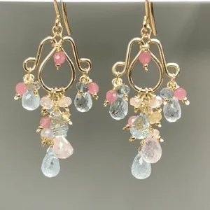 Gemstone Dangle Chandelier Earrings with Aquamarine in Gold Fill