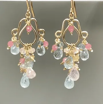Gemstone Dangle Chandelier Earrings with Aquamarine in Gold Fill