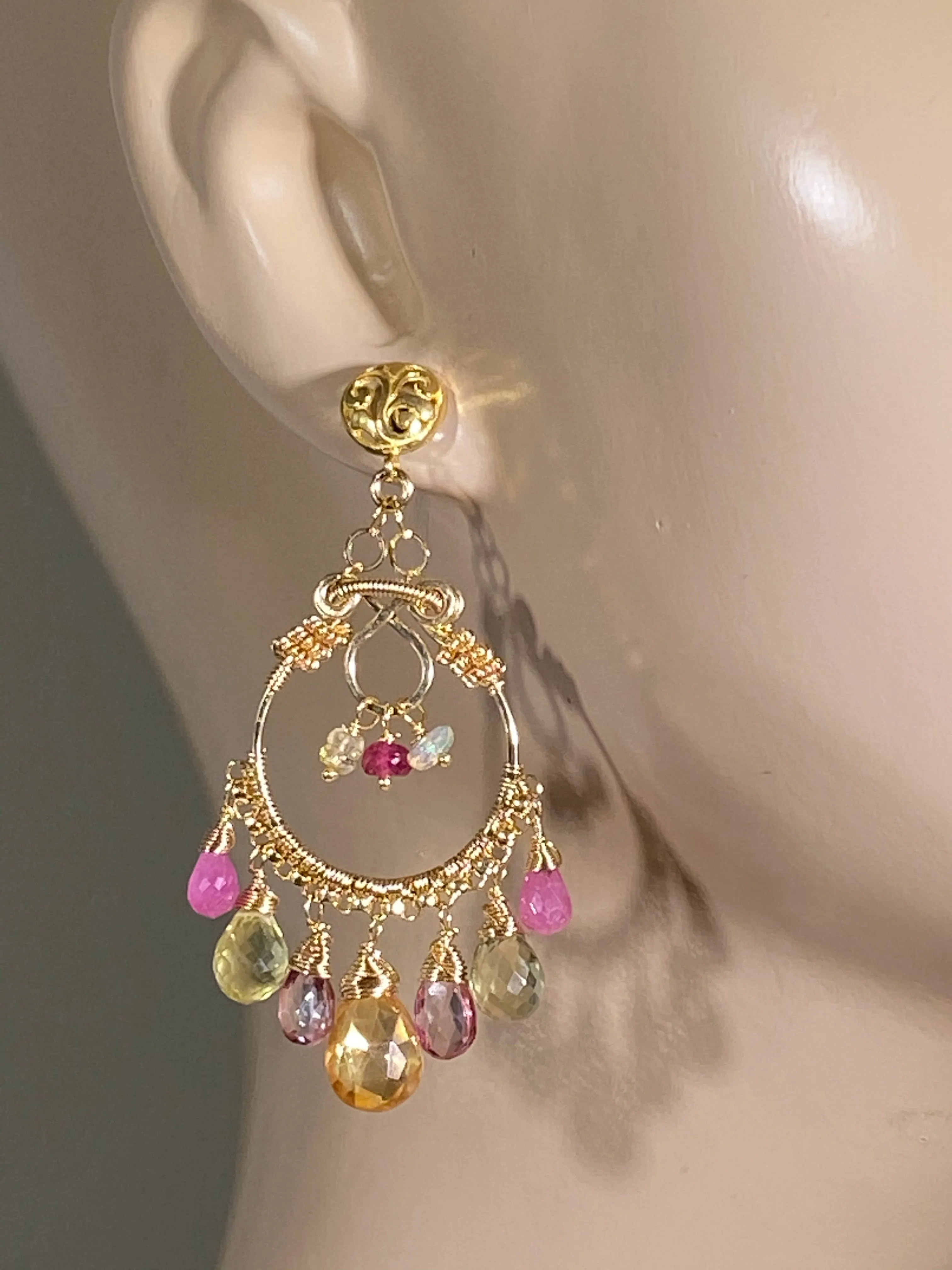Gemstone Hoop Chandelier Earrings Gold Pastel Pink Topaz & Sapphire