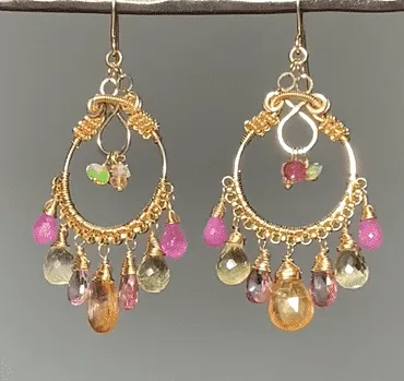 Gemstone Hoop Chandelier Earrings Gold Pastel Pink Topaz & Sapphire