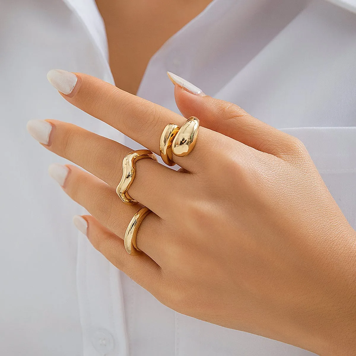 Geometric 3pcs Gold Plated Waterdrop Open Ring Set