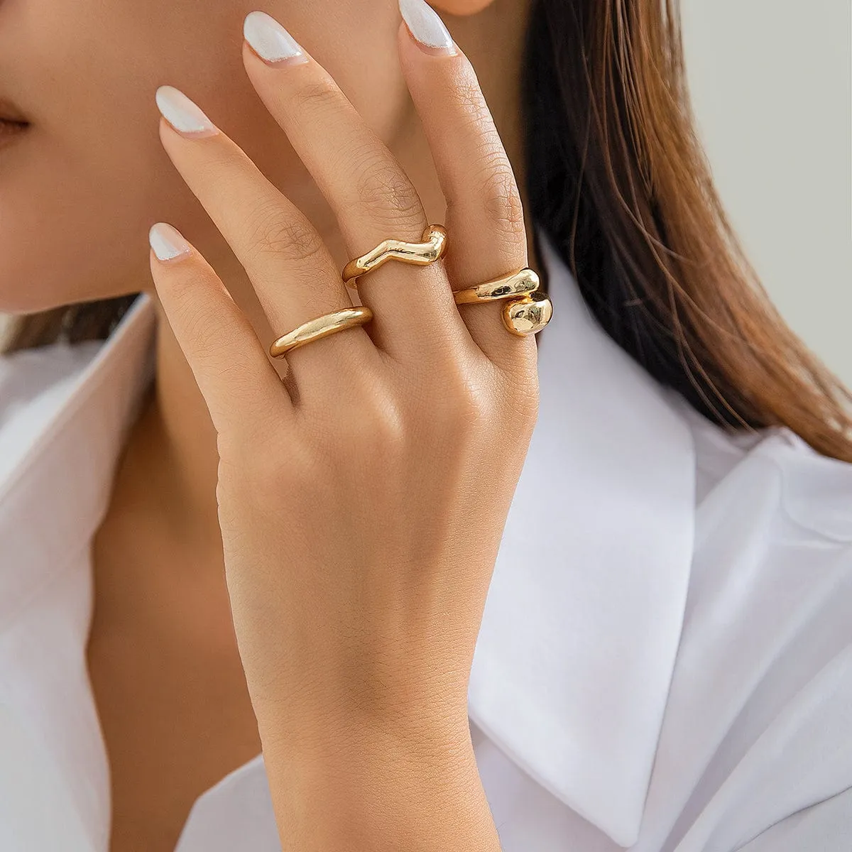 Geometric 3pcs Gold Plated Waterdrop Open Ring Set
