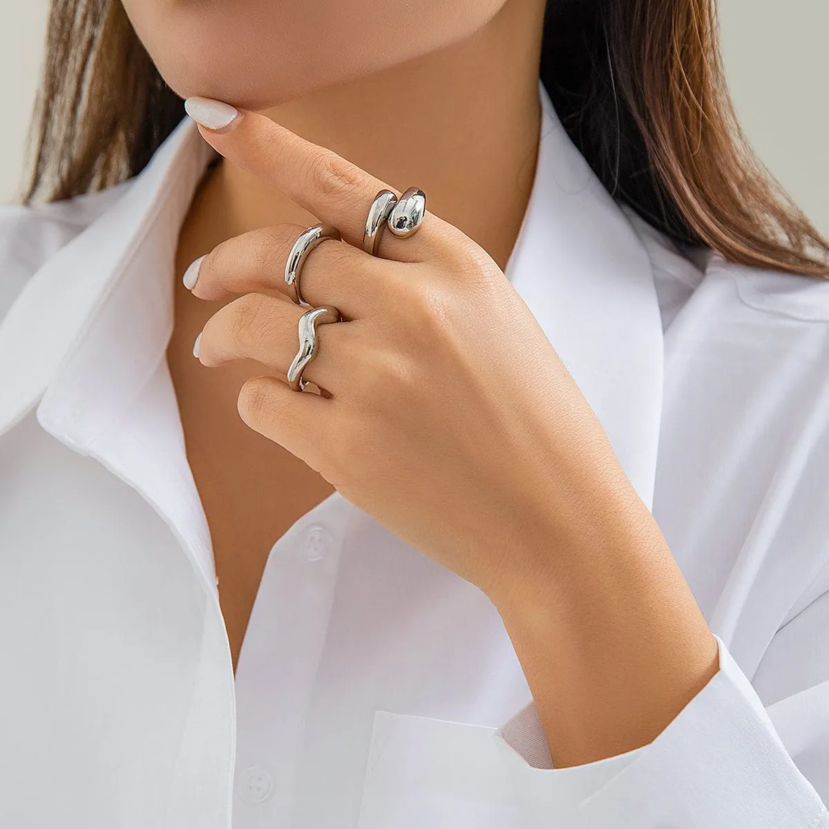 Geometric 3pcs Gold Plated Waterdrop Open Ring Set