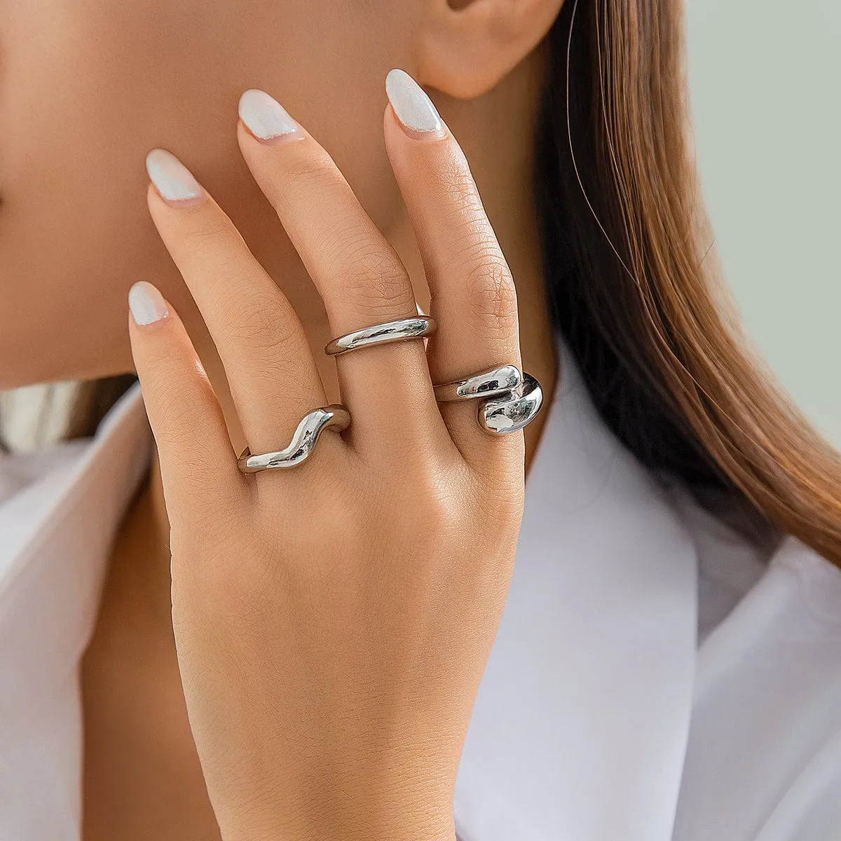 Geometric 3pcs Gold Plated Waterdrop Open Ring Set
