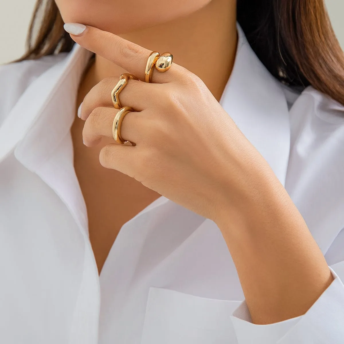 Geometric 3pcs Gold Plated Waterdrop Open Ring Set