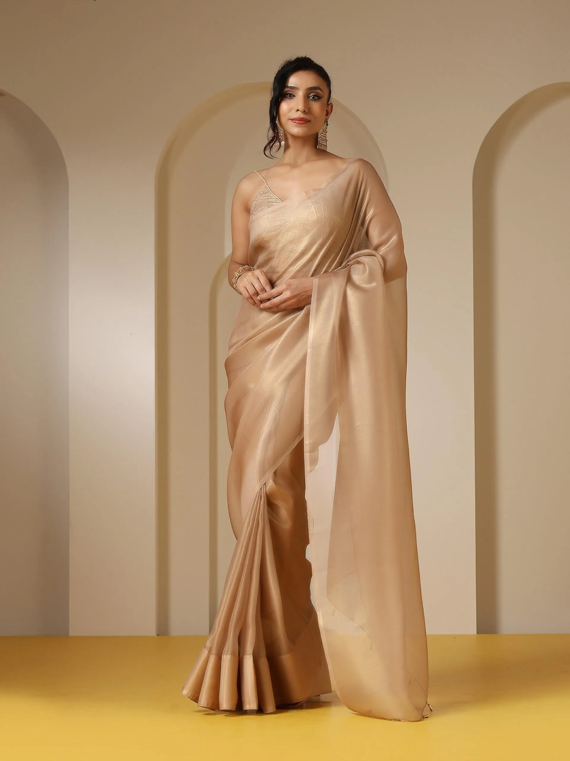 Glamorous Gold Organza Saree with Embroidered Blouse Fabric