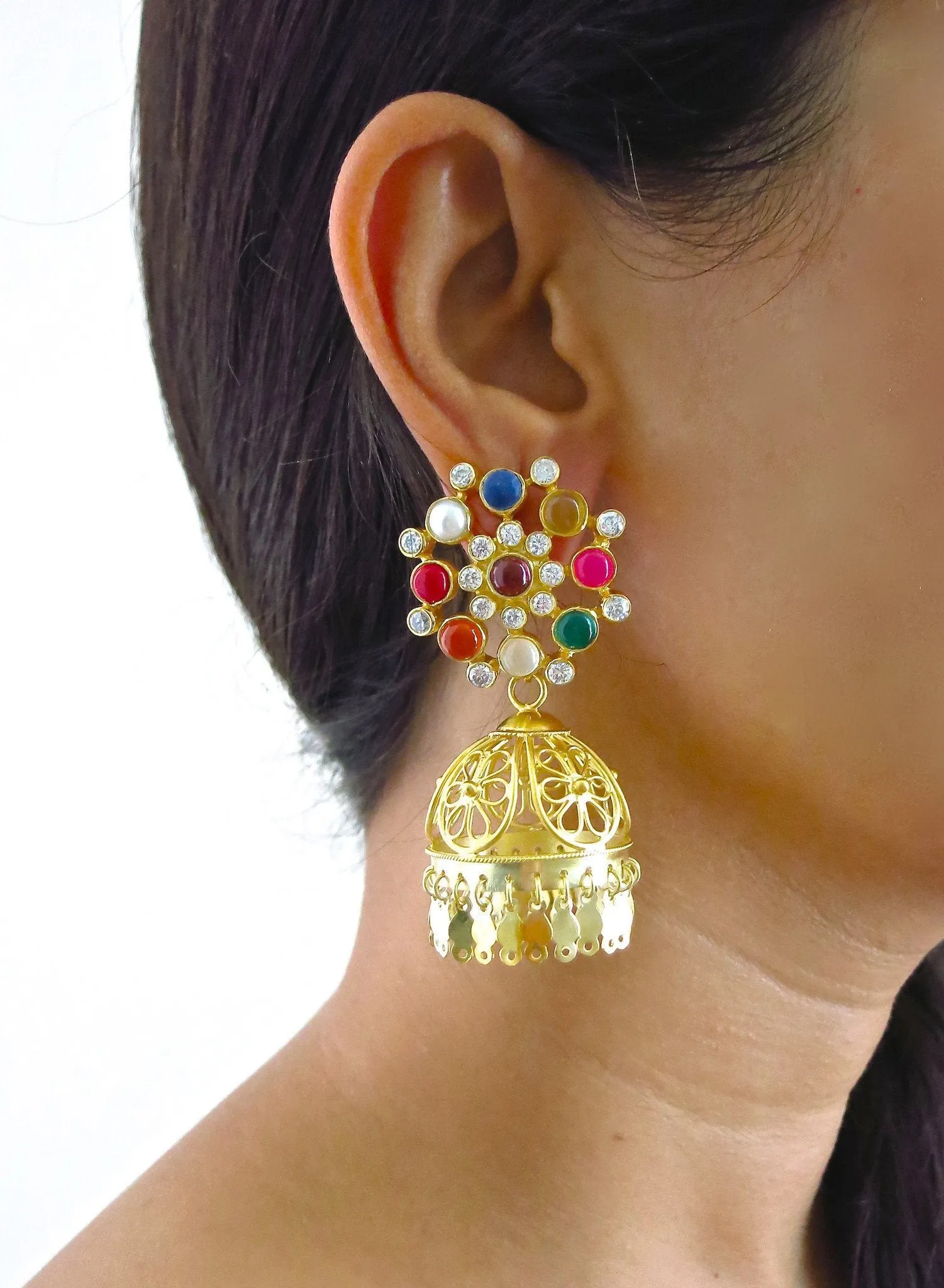 Glamorous, gold-plated, detachable filigree jhumkas with round multi-color gemstone tops