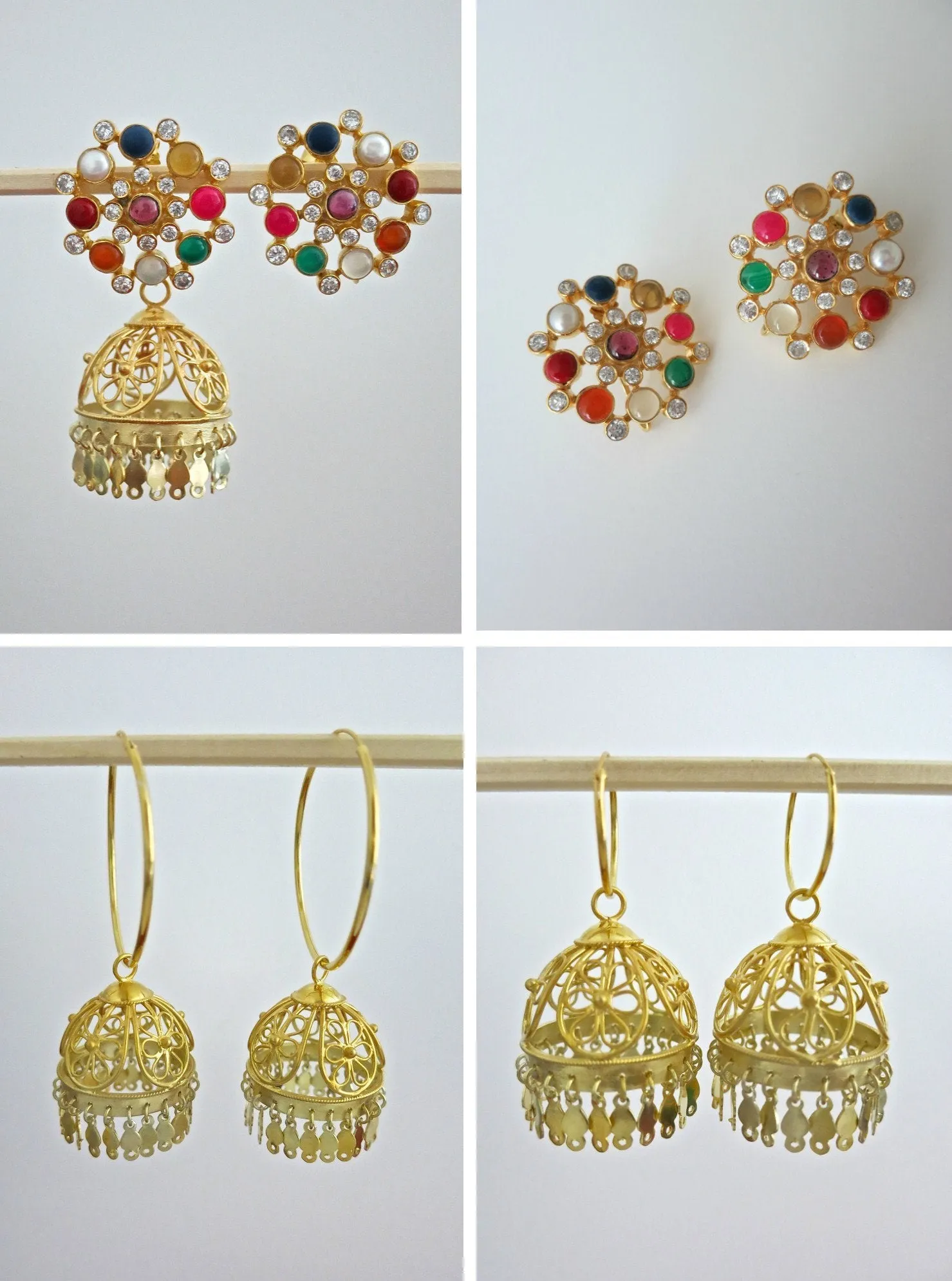 Glamorous, gold-plated, detachable filigree jhumkas with round multi-color gemstone tops