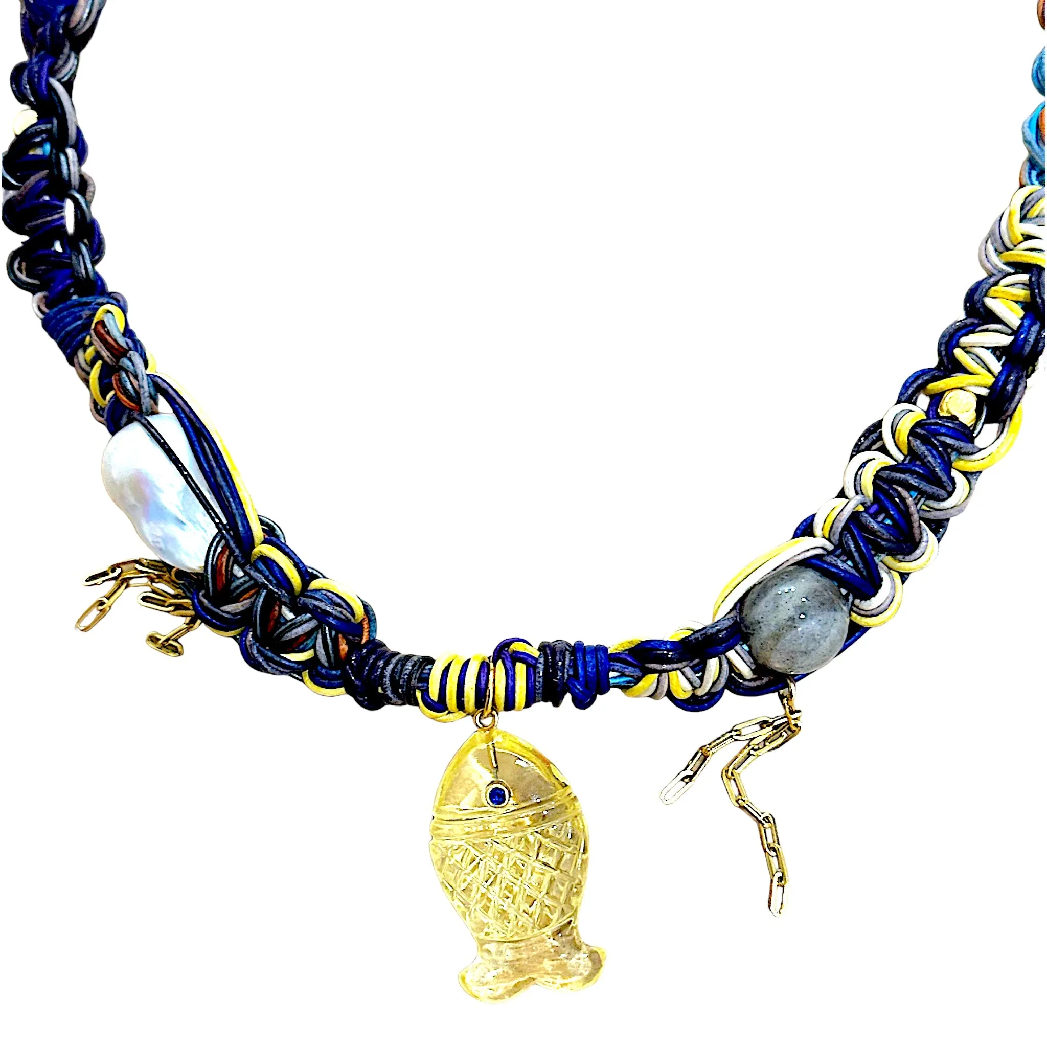 Glowing Golden Fish Leather Rockstar Necklace