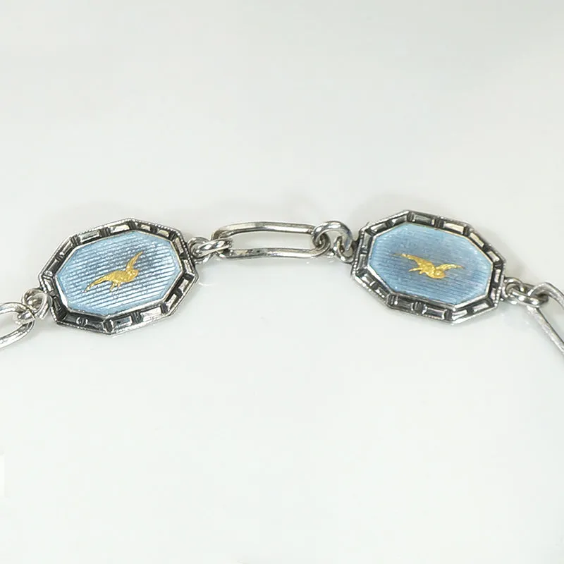 Gold & Blue Enameled Sterling Silver Bird Bracelet