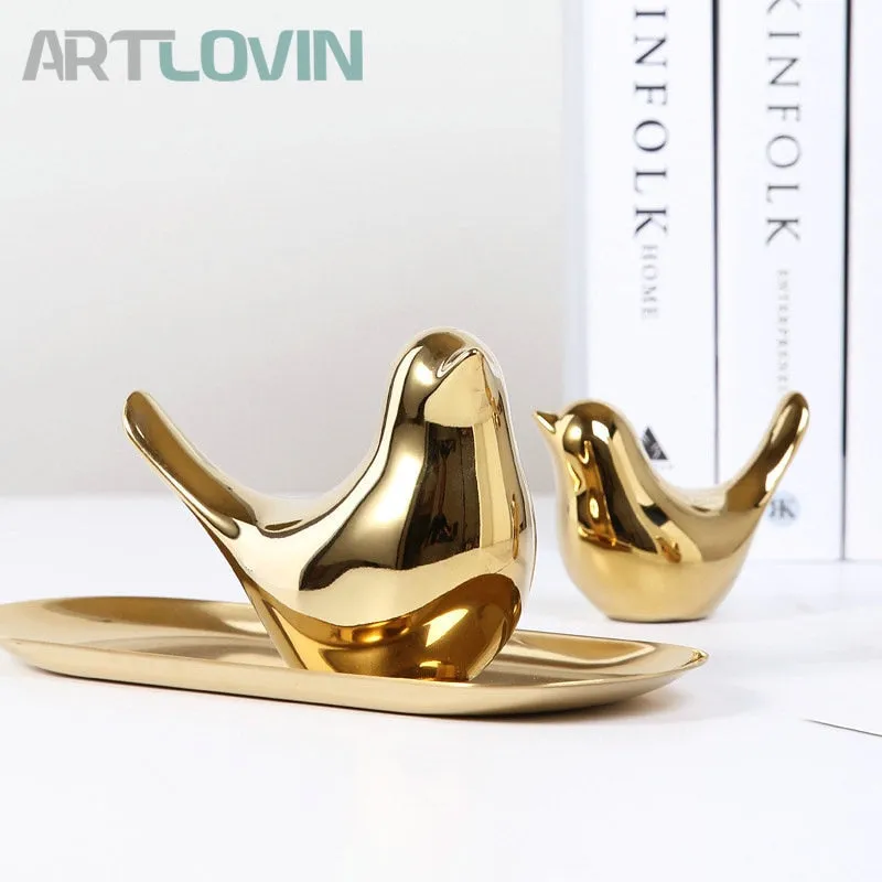 Gold Decorations Ceramic Golden Bird Figurines