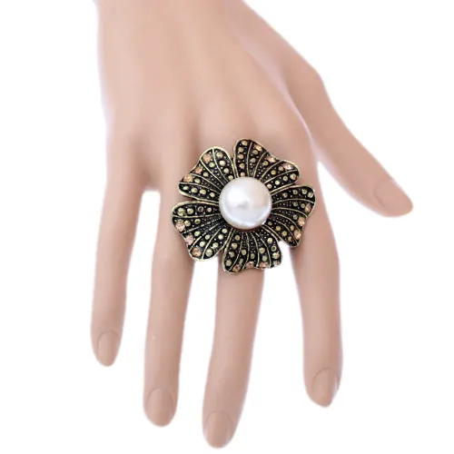Gold Large Faux Pearl Floral Adjustable Ring