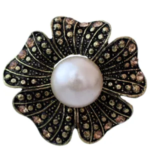 Gold Large Faux Pearl Floral Adjustable Ring