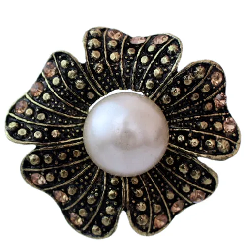 Gold Large Faux Pearl Floral Adjustable Ring