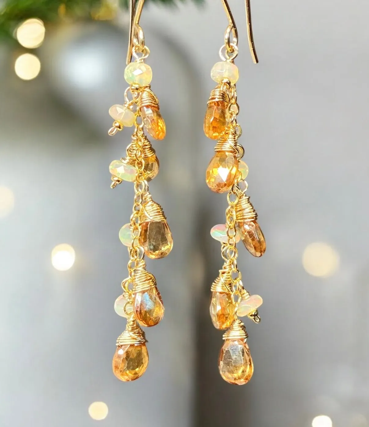 Golden Topaz and Ethiopian Opal Dangle Earrings Gold Fill 2