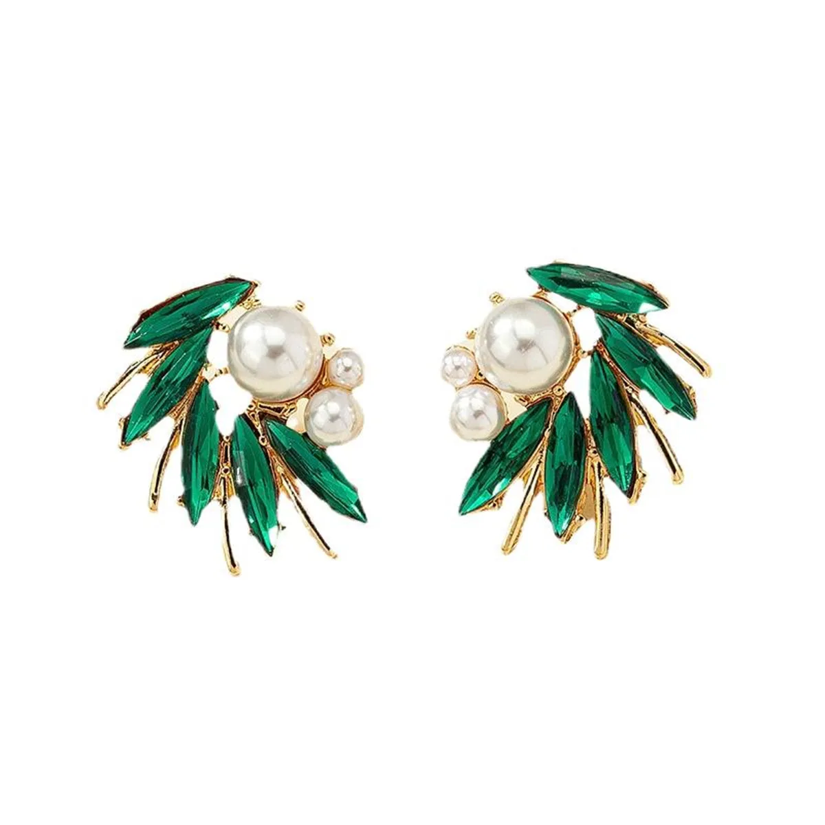 Green Crystal & Pearl 18K Gold-Plated Marquise-Cut Stud Earring
