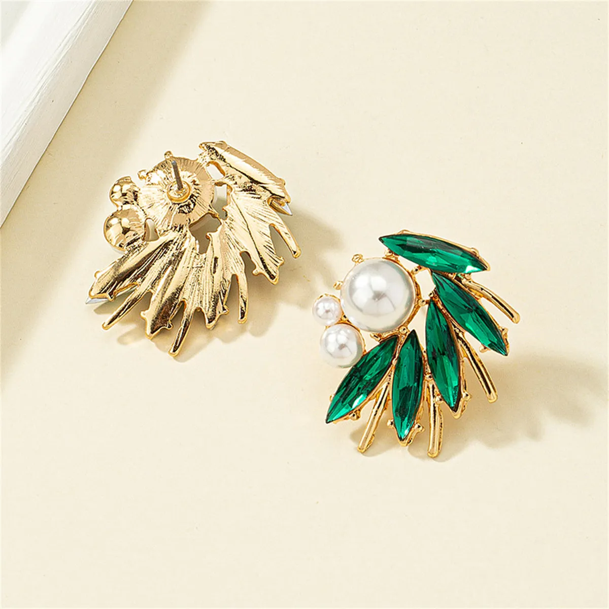 Green Crystal & Pearl 18K Gold-Plated Marquise-Cut Stud Earring