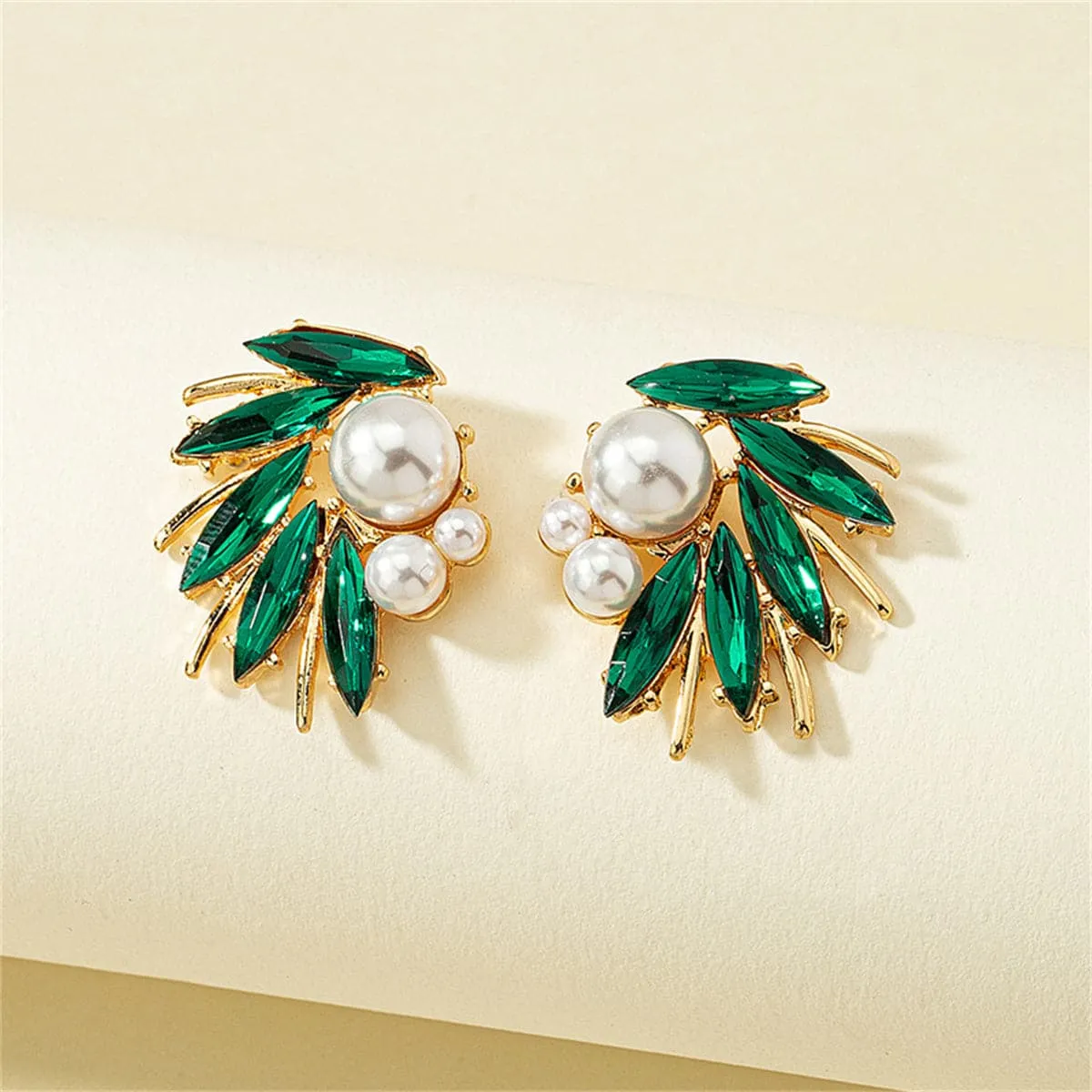 Green Crystal & Pearl 18K Gold-Plated Marquise-Cut Stud Earring