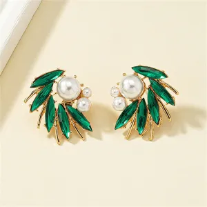 Green Crystal & Pearl 18K Gold-Plated Marquise-Cut Stud Earring