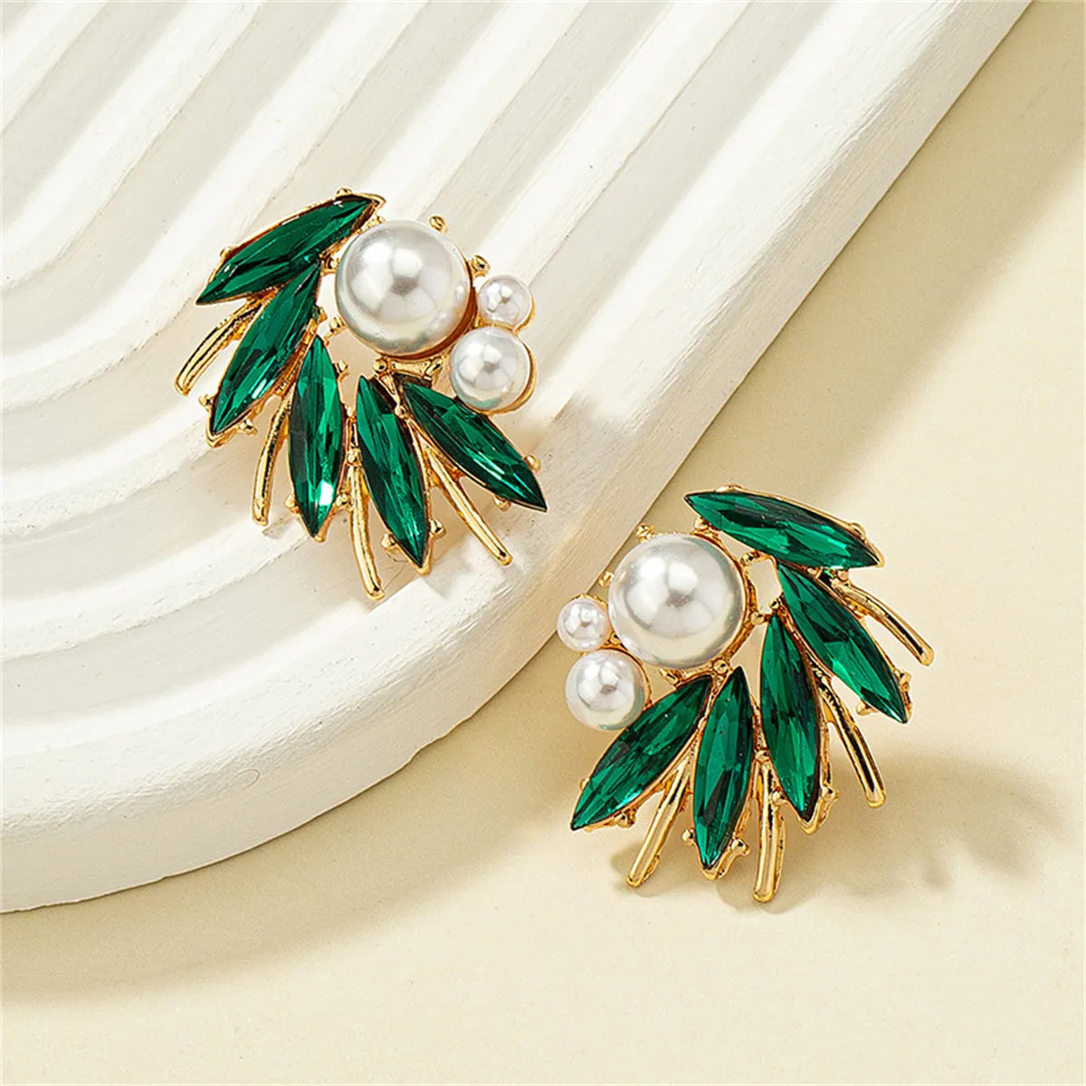 Green Crystal & Pearl 18K Gold-Plated Marquise-Cut Stud Earring