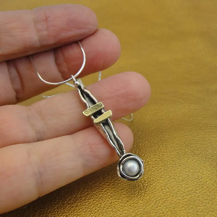 Hadar Designers 9k Yellow Gold Sterling Silver Pearl Pendant Handmade Art() LAST