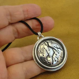 Hadar Designers Black Leather 925 Sterling Silver Pendant Handmade "WILD" Art (H