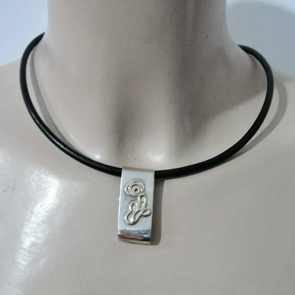 Hadar Designers black leather 9k yellow gold sterling silver pendant handmade(h