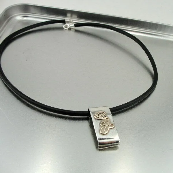 Hadar Designers black leather 9k yellow gold sterling silver pendant handmade(h